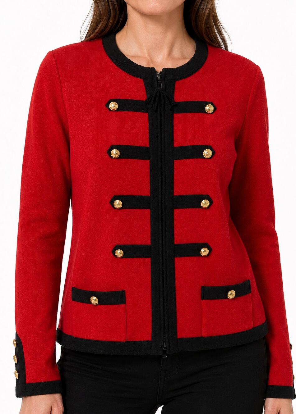 Saks Fifth Avenue Military Jacket Size 14 Red Wool Knit Gold Button Bandleader